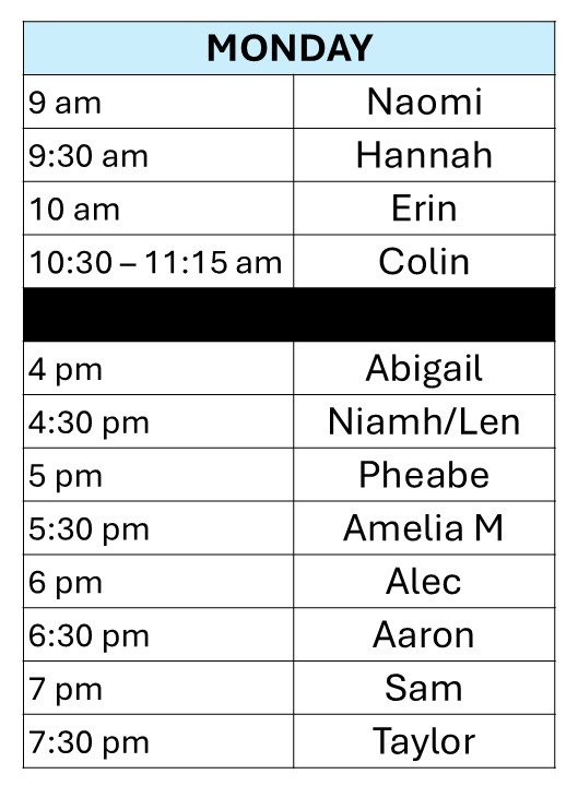 Serenity Current Lesson Availability